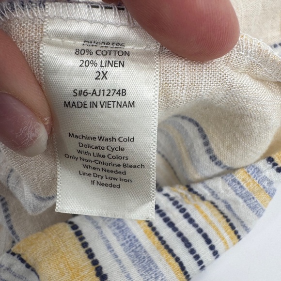 Ava James Top Women 2X Yellow Blue Striped Linen Cotton Blend Short Puff Sleeves - Picture 8 of 12